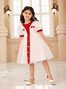 Young Girl Solid Color Patchwork Front Button Simple Casual Short Sleeve Dress - White - View 3
