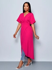 SOLERSUN Magenta Women's Summer Elegant Party Wrap Rose Red Seaside Holiday Valentine's Day Gown,Festive Commuter Long Shirt With Elegant Hem - Hot Pink - View 6