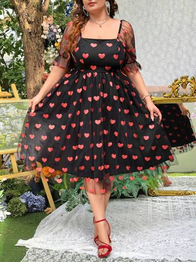 Flirla Plus Size Women's Romantic Black Background Red Heart Mesh Short Sleeve Dress, Valentine's Day