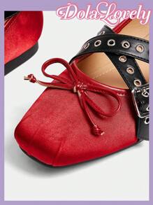 Dola Lovely 女士春季新款可爱缎面蓝色十字金属扣芭蕾平底鞋，优雅甜美大码女士平底鞋