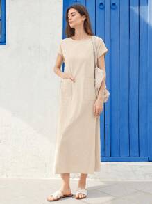 EMERY ROSE Women Casual Round Neck Short Sleeve Pocket Midi Dress, Suitable For Spring And Summer Everyday Outdoor Wear - Khaki - View 3
