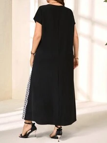 EMERY ROSE Große Größen Sommer einfarbiges kurzes Ärmel Rundhals-Lässig-Langkleid mit Tasche, Frühjahrs-Outfits für Frauen, tropischer Urlaub - Schwarz - Übersicht 2
