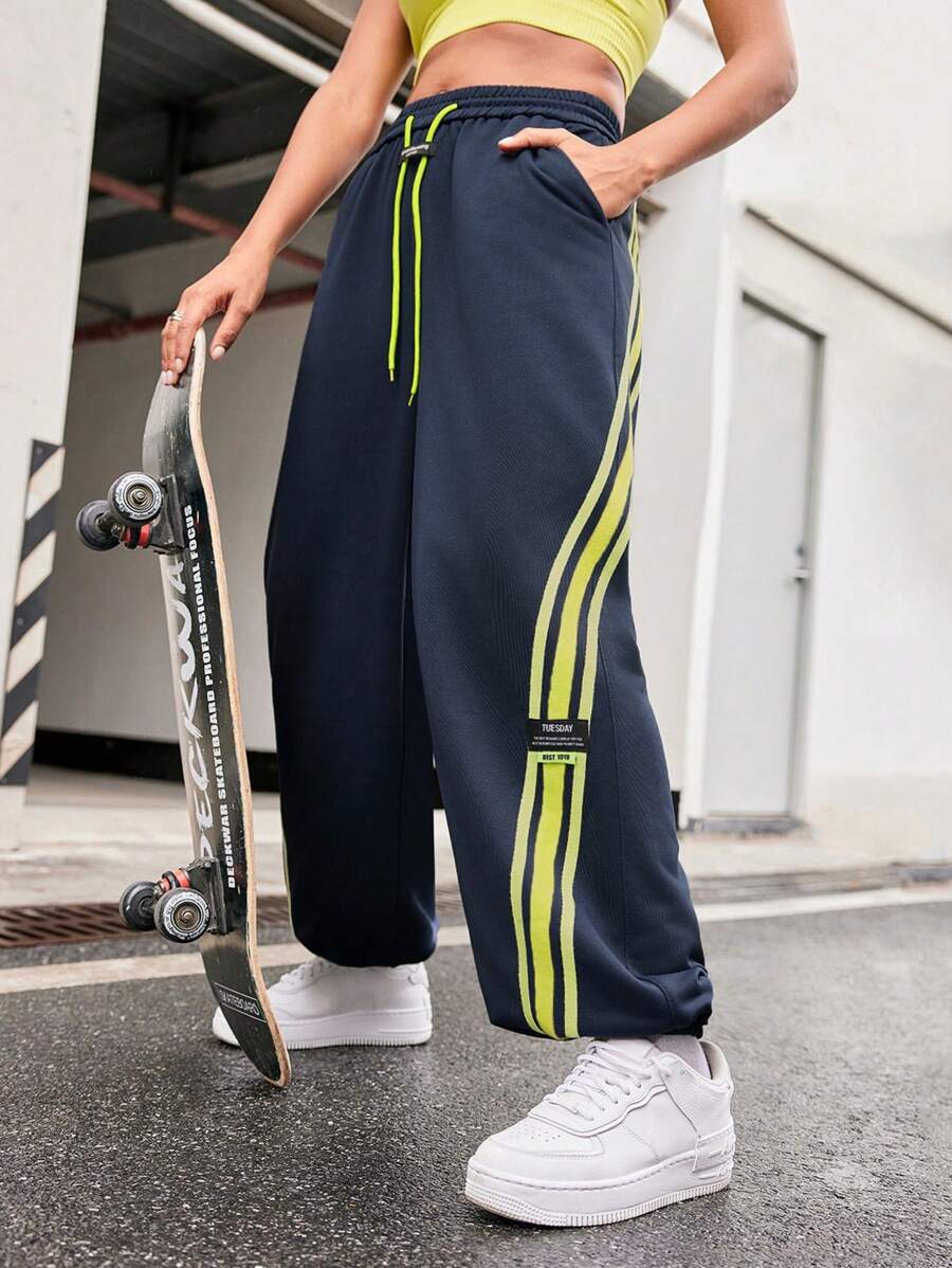 Streetz SHEIN Sport 女式休闲拼色条纹抽绳腰运动裤 - 藏蓝色 - 查看 1