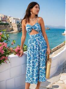 Vivid Eden Summer Women Tropical Print Cut Out Cami Long Dress,Vacation Style