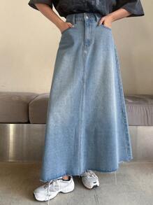 DAZY Women's Casual Washed Frayed Hem Denim Skirt