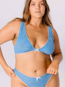 Aralina 加大码曲线蓝色蕾丝白色对比色蝴蝶结细节三角形假日贴身套装内衣 - 藍色 - 查看 7