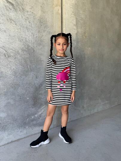 Heart, Rainbow & Weather Print Striped Cute Round Neck Long Sleeve Girls Dress, Suitable For Schoolwear, Outdoor & All Seasons