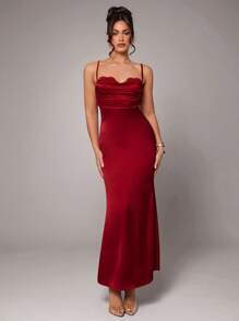 Silquee Women's Simple Elegant Party Solid Color High Quality Satin Spaghetti Strap Maxi Dress With Contrasting Lace, Suitable For Cocktail Parties, Romantic Dates, Formal Parties, Weddings, Bridesmaid Dresses, Evening Dresses, Daily Commute, Valentine's Day, Valentine's Day, Valentine's Day Dress , Girls Valentines Outfit, Burgundy Red Dress