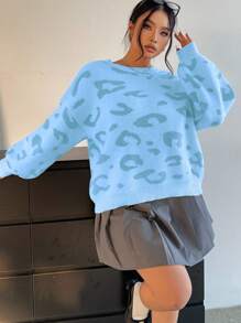 Flirla Suéter de punto de talla grande con cuello redondo y ajuste holgado con estampado de leopardo, otoño/invierno