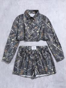 StreetHx 2 pièces Ensemble de chemises à manches longues avec imprimé de feuilles et de fleurs d'automne pour femmes