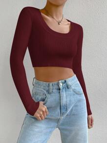 SHEIN X Antonella SHEIN EZwear Scoop Neck Ribbed Knit Crop White Sweater