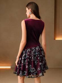 Anewsta Đầm dự tiệc sang trọng cổ tròn không tay thêu hoa nhỏ Encore nhung lấp lánh đính sequins, thích hợp cho ngày lễ tình nhân, mùa hè, năm mới - Màu Đỏ Sâu - Xem 4