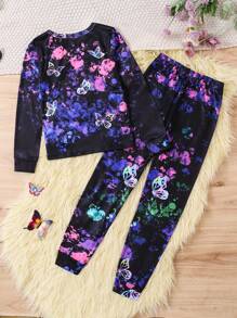 2 Pieces Teenage Girls Snug Fit Butterfly Glow-In-The-Dark Long Sleeve Sleepwear Set, Casual Pajamas