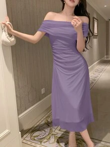 DAZY 女士纯色露肩修身休闲长裙舞会礼服优雅吊带裙婚纱女士连衣裙长款连衣裙鸡尾酒裙 - 紫色 - 查看 3