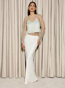 AiiRZ Elegant Sheer Mesh Overlay Evening Two-Piece Set With Sequin Embellishments Special Occasion Party Wear With Sleek White Skirt And Mint Green Cami - Green - View 5