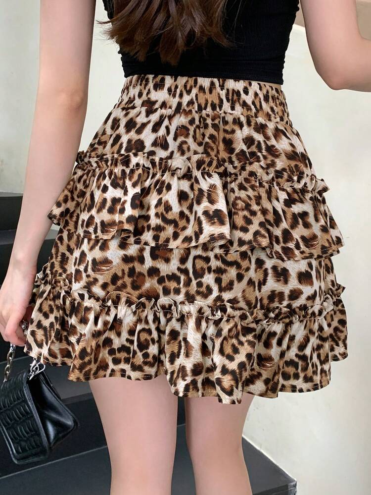 Women Elastic Waist Leopard Patchwork A-Line Short Skirt, Khaki, All Season Summer Cheetah Print
