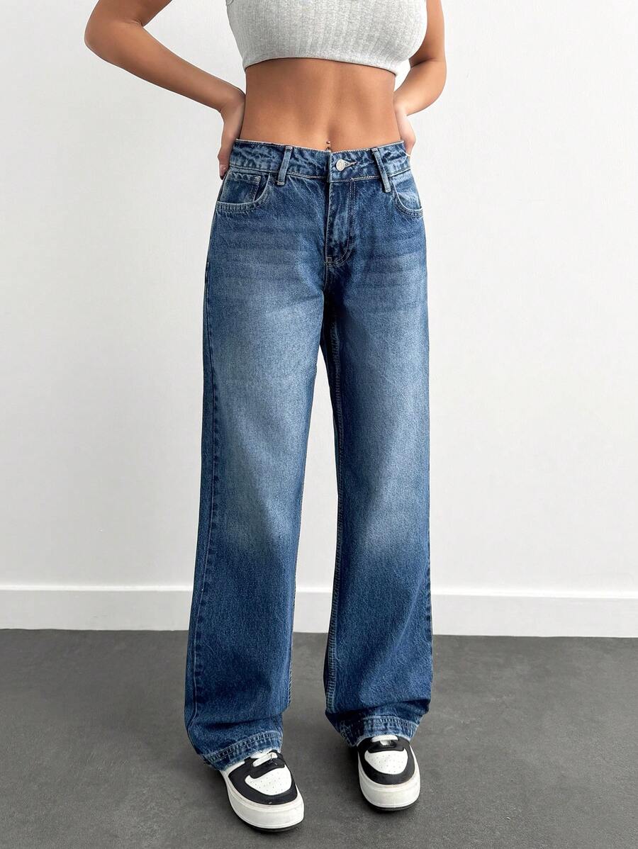EURMUSE 100% Cotton HIGH RISE ASYMMETRIC BELT STRAIGHT CUT JEAN - Dark Wash - View 1