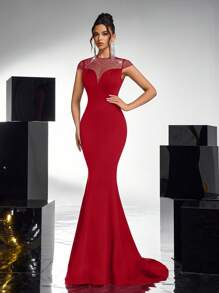 Glamrae Elegant Red Mesh Sheer Rhinestone Patchwork V-Neck Padded Waist Slimming Backless Sheer Hollow Out Fishtail Floor Length Gown, Suitable For Dating, Single, Vacation, Prom, Wedding Party, Wedding Guest Dress, Formal Dress, Evening Dress