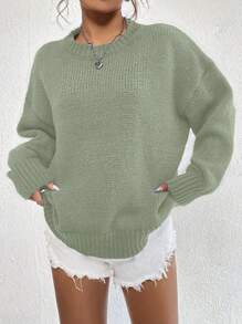 SHEIN Unity 女士宽松休闲纯色绿色落肩长袖毛衣秋冬季 - 綠色 - 查看 1