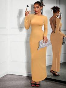 SHEIN SXY Women's Round Neck Long Sleeve Backless Rhinestone Chain Sexy Mini Dress