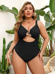 Swim Lushoire 夏季大码女式纯色露背性感比基尼泳衣 - 黑色 - 查看 4