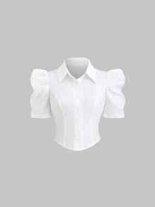 Sweetra Simple White Gigot Sleeve Blouse For Women,Summer Office Commute Wear - White - View 1