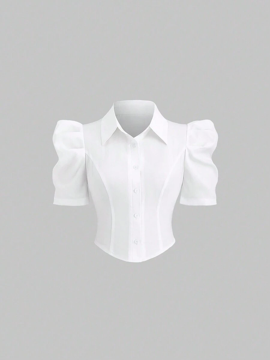 Sweetra Simple White Gigot Sleeve Blouse For Women,Summer Office Commute Wear - White - View 1