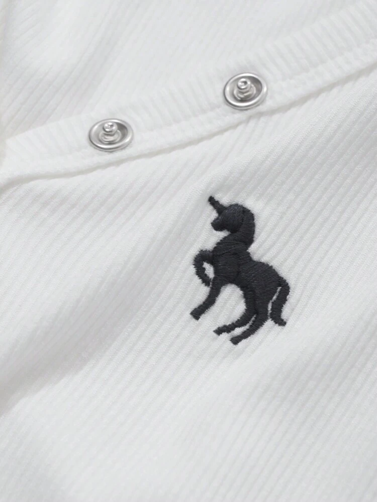 Women's V-Neck Embroidered Horse Decor Rib-Knit Casual White Tank Top