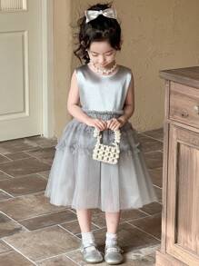 DAZY Young Girl Round Neck Sleeveless Mesh Party Dress, Summer - Grey - View 7