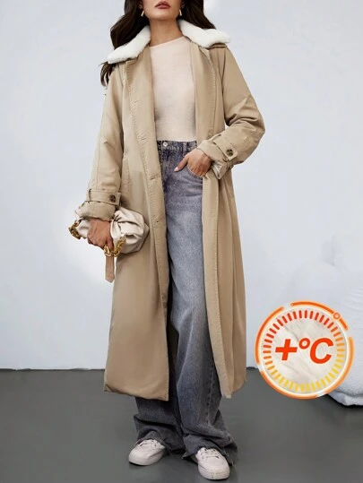 SHEIN Privé Women's Khaki Fur Lapel Long Sleeve Loose Belt Long Trench Coat Jacket, Comfortable Soft Fur Lining, Thickened Waist Long Trench Coat Jacket, Daily Commuter/Casual/Elegant