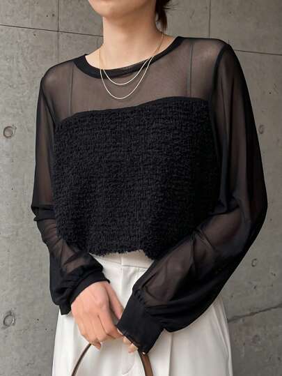 FRIFUL 女式纯色网眼拼布长袖休闲上衣