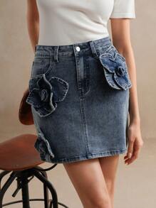 Anewsta Fashionable Floral Decorated Denim Skirt, Women Spring/Summer Outfits, Suitable For Valentine's Day