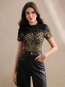 Anewsta Women Stylish Leopard Print Mock Neck Slim Fit Knit Top