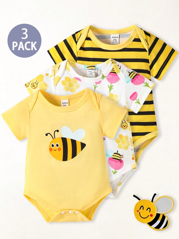 3pcs/Set Unisex Baby Girls & Boys Cute Cartoon Bumblebee, Insect & Floral Striped Print Short Sleeve Romper, Suitable For Spring/Summer Outings, Photography Or Everyday Wear