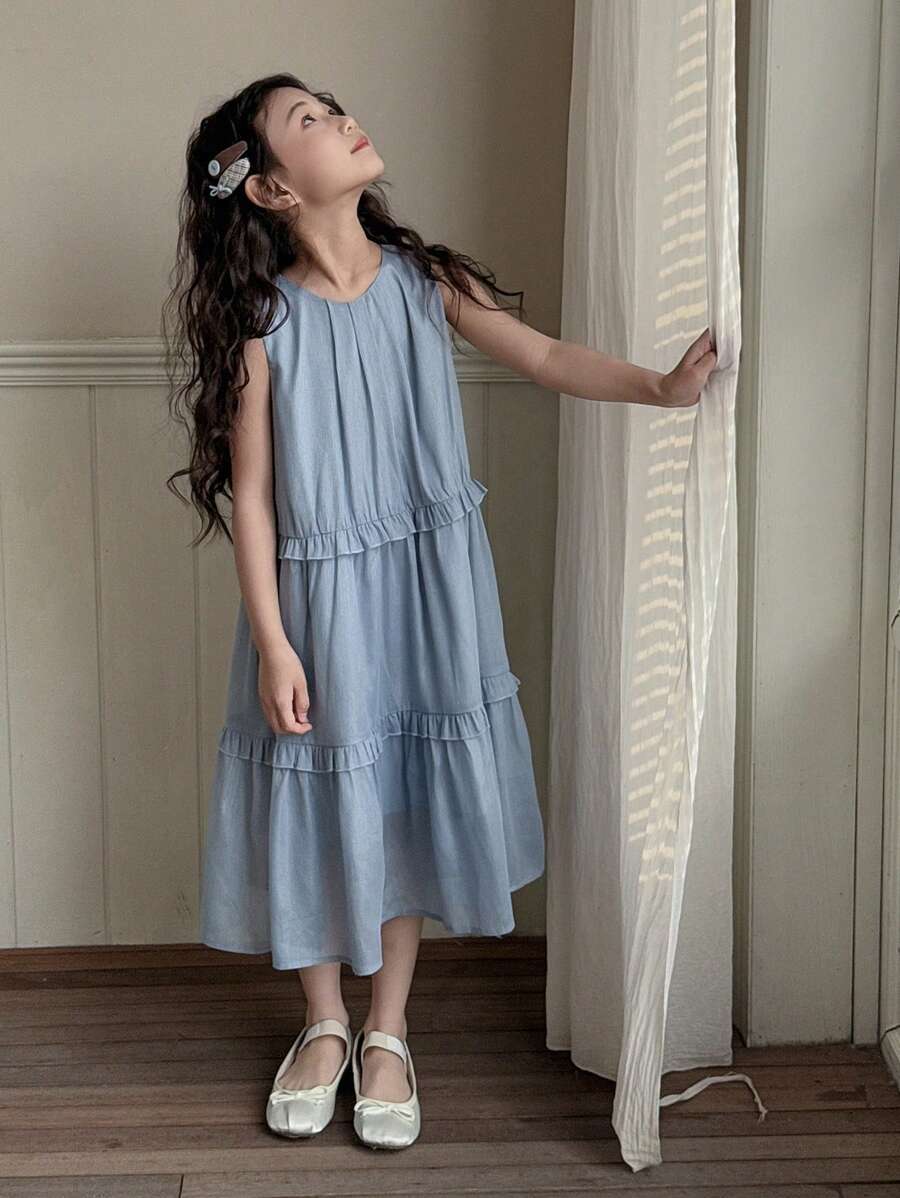 DAZY Đầm dệt không tay thời trang cho bé gái tuổi teen, thích hợp mặc mùa hè, đi học hoặc đi nghỉ mát. - Màu xanh lam - Xem 1