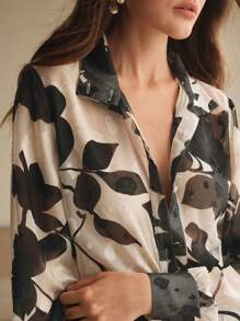 Anewsta Ladies' Autumn Woven French Jacquard Printed Black Apricot Versatile Long Sleeved Shirt Elegant, Casual, Vacation, Spring - Black - View 2