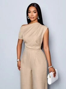 SOLERSUN 四季女装通勤优雅日间外出休闲简约杏色露肩不对称领口肩部褶皱短袖阔腿连体裤