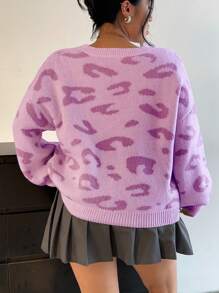 Flirla Plus Size Leopard Pattern Loose Knitted Dropped Shoulder Long Sleeve Crew Neck Sweater, Autumn/Winter Fall - Red Violet - View 2