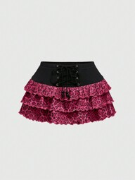 Jupe vintage Y2K à taille coulissante avec volants à imprimé léopard rose vif