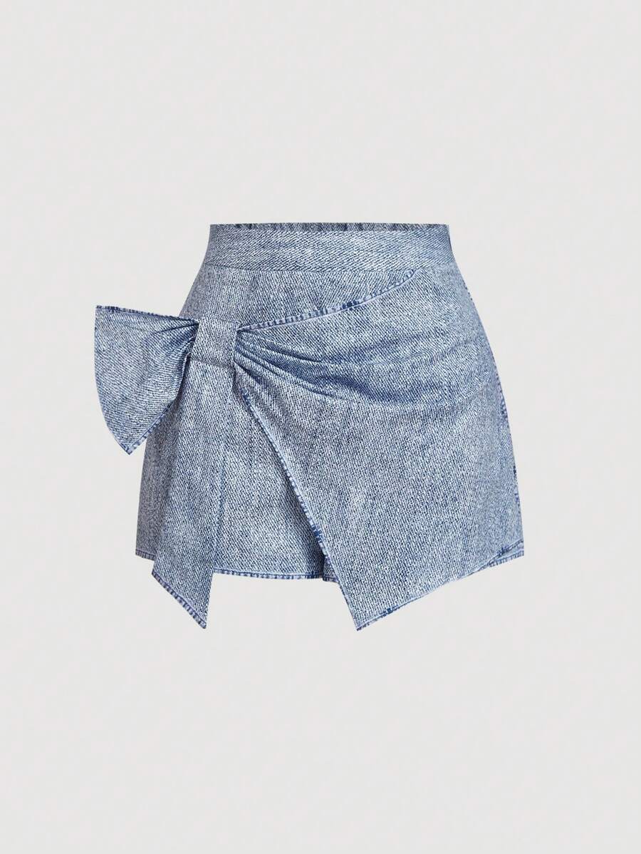 SHEIN MOD Women's High Waist Denim Effect Bow Skort , Summer Casual , College Students