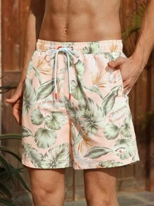 Manfinity Swimmode Boyfriend Men's Beach Shorts Drawstring Waist Front Tie Pocket Multicolor Botanical Print Beach Vacation Hawaiian, Matching Swimwear For Couples Shorts, Beachwear Matching Couple, Men Swim Trunks Couple, Hawaii Shorts For Fashion Couple - Multicolor - View 6