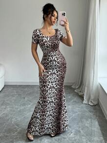 Rafferiza Crew Neck Backless Fitted Leopard Print Long Dress For Women - Brown - View 6