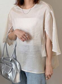 FRIFUL 女士杏色宽松衬衫，开衩袖设计，商务休闲夏季 - 杏色 - 查看 4