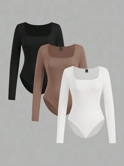 SHEIN EZwear Set de 3 blusas de mujer de manga larga, escote cuadrado y ajustadas al Body