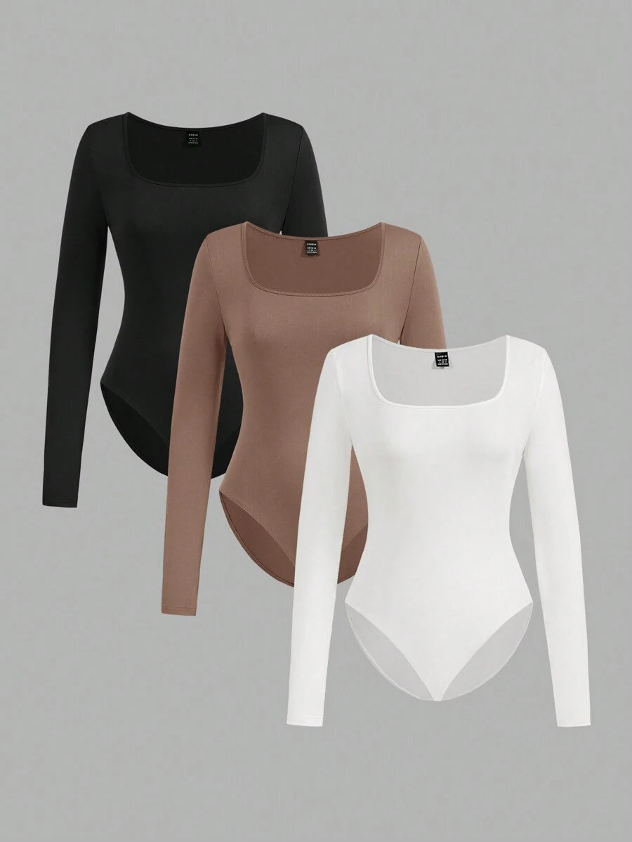 SHEIN EZwear Bộ 3 áo ôm sát cơ thể cổ vuông tay dài cho nữ - Nhiều màu - Xem 1