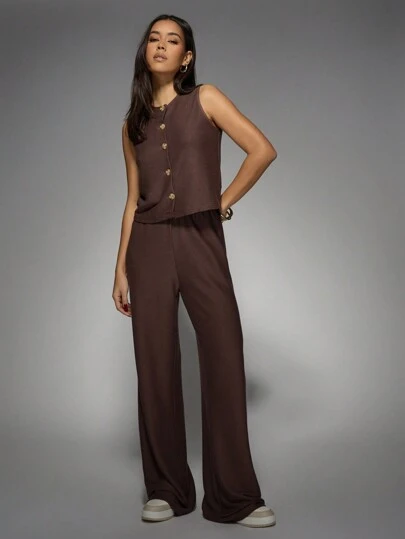 MISSGUIDED Luxury Button-Front Sleeveless Vest Co-Ord Set With Wide Leg Pants Contemporary Minimalist Two-Piece Loungewear Set For Fall Winter
