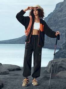 In My Nature Women's Solid Color Splice Front Zipper Long Sleeve Sports Jacket, Winter