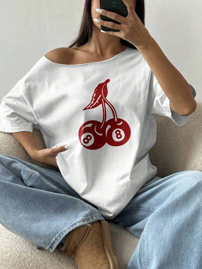 Flirla Plus Size Cherry Print Asymmetrical Neck Short Sleeve Casual T-Shirt Graphic Tees Women Tops, For Summer