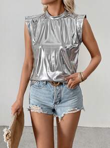 SHEIN Clasi Casual Fitted H-Shaped Silver Foil Fabric Round Neck Short Cap Sleeve T-Shirt - Silver - View 3