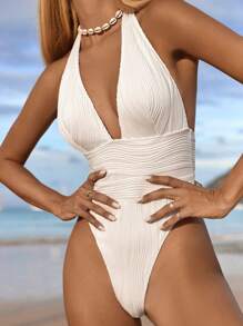 Swim Chiccia Summer White Knitted Jacquard V-Neck Elegant Style Women One-Piece Swimsuit